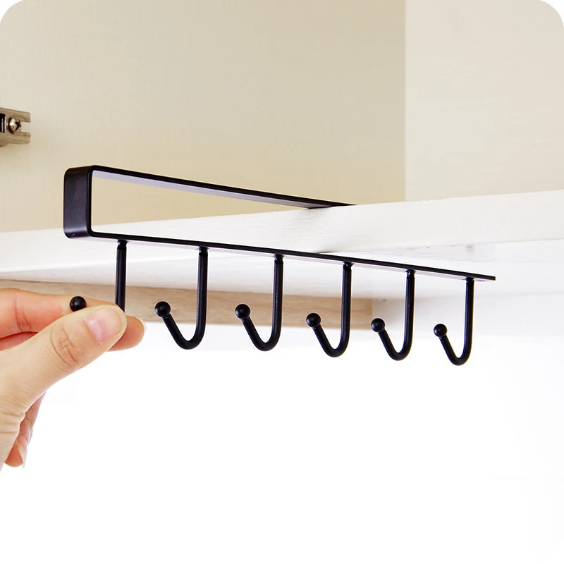 

6 Hooks Cup Iron Kitchen Storage Rack Cupboard Hanging Hook Shelf Multi-functional Dish Hanger Shelf Bathroom