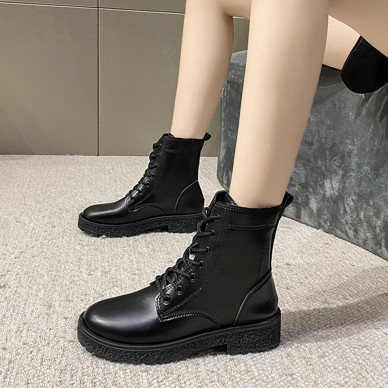 

Women Chelsea Boots Winter Keep Warm Round Head High Heels Snow Boots Solid Color Round Shape Front Shoelace Motorcycle Boots