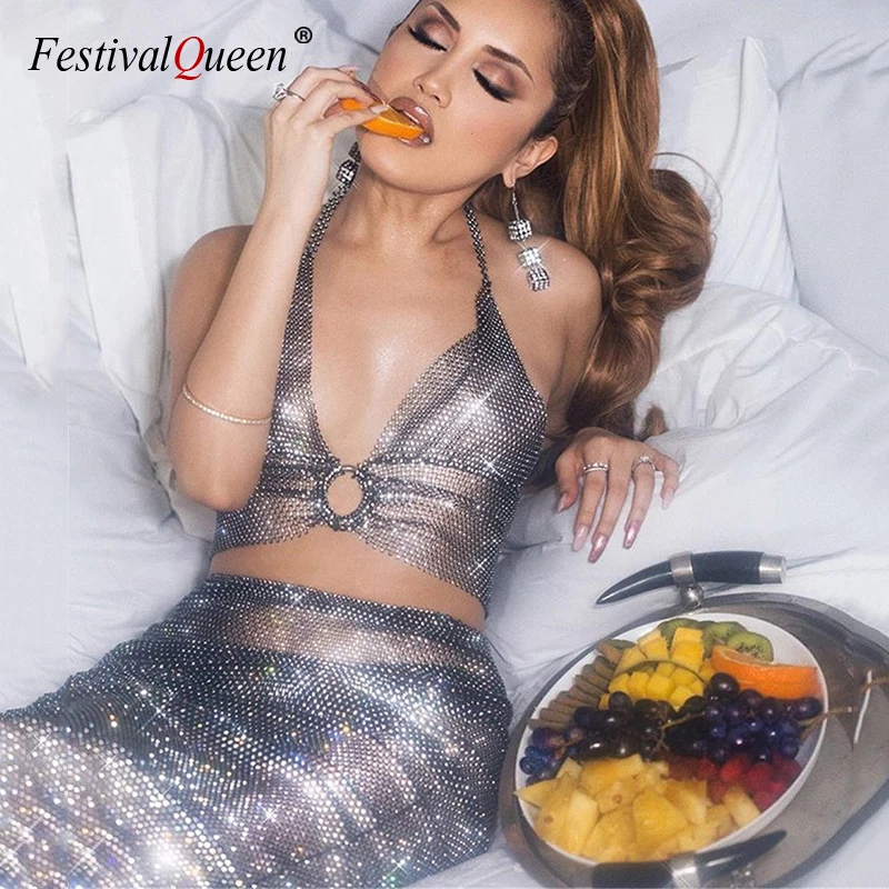 Женский блестящий комплект из 2 предметов прозрачный укороченный топ без рукавов