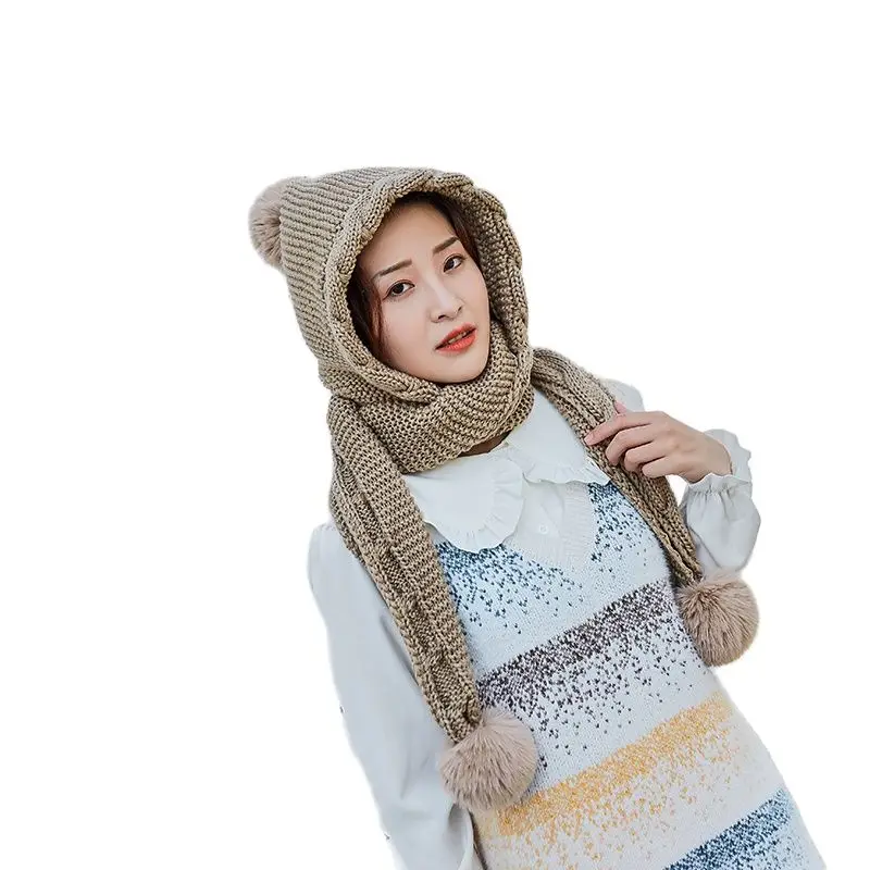 

Женская зимняя шапка, вязаная шапка для верховой езды, серая теплая и ветрозащитная трикотажная шапка с тремя мячиками, Панама 56-60 см, шапка ...