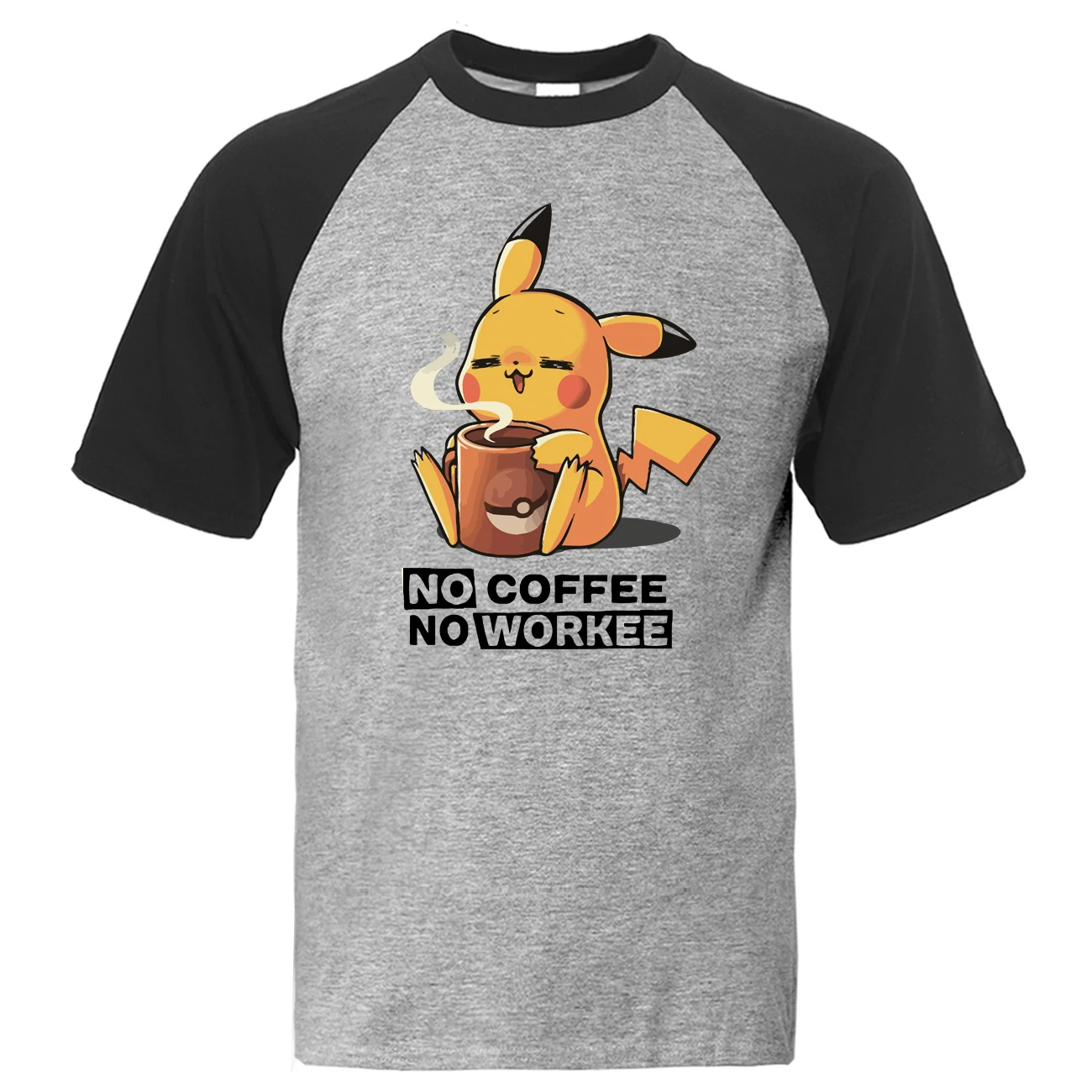 Pikachu No coffee No Workee, Мужская Футболка реглан, Kawaii, летние топы из хлопка с коротким рукавом, свободные милые футболки с японским аниме - Цвет: Black Gray 6