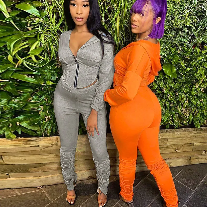 

BIIKPIIK Two Piece Set Women Hoodied Zipper Top And Stack Leggings Casual Lounge Wear Solid Workout Matching Sets Jogging Suit