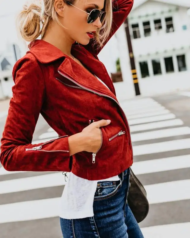 

Mandylandy Autumn Winter Fashion Slim Fit Jacket Women's Casual Long Sleeve Zipper Solid Color Turn-down Collar Short Jacket