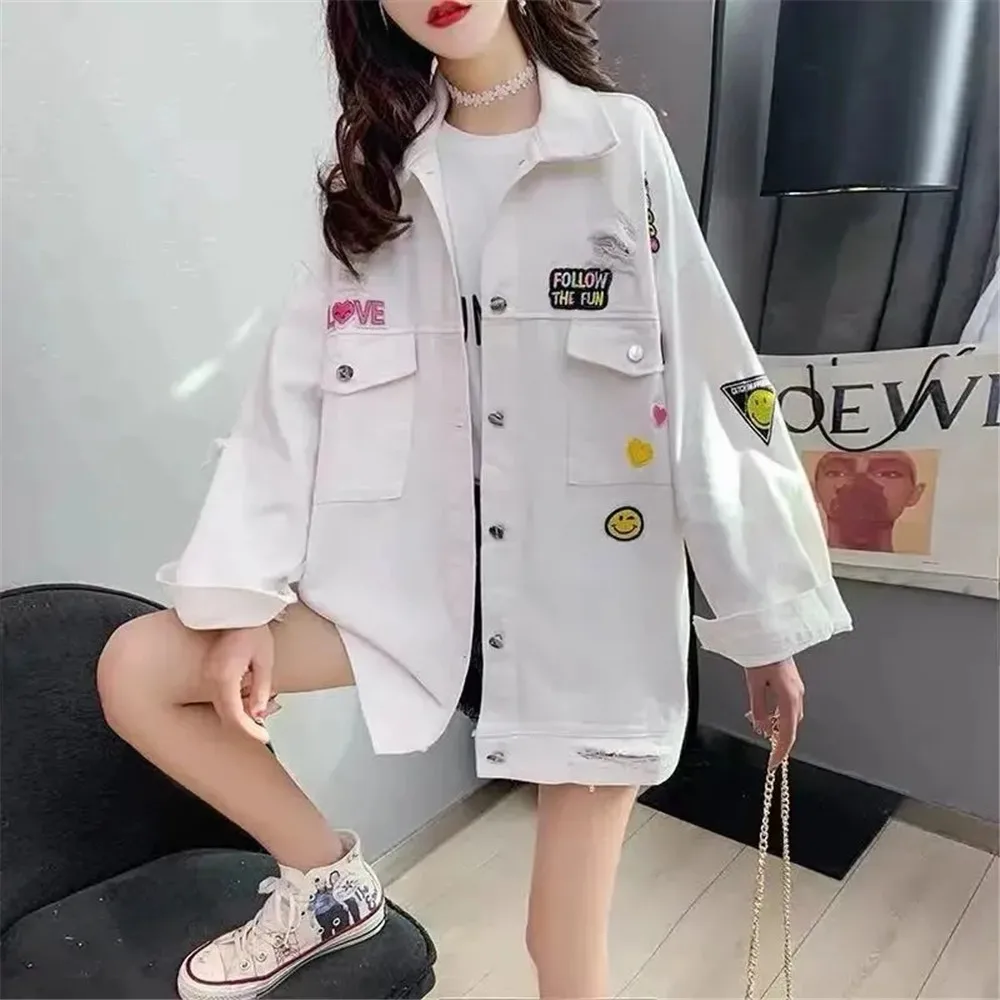 

Женская джинсовая куртка, желтая свободная однобортная куртка на пуговицах, с вышивкой, с лацканами