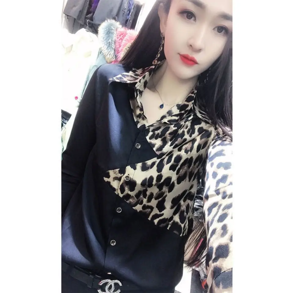 

Early spring new fashion color matching long sleeve shirt women's versatile temperament top leopard print bottom blouse