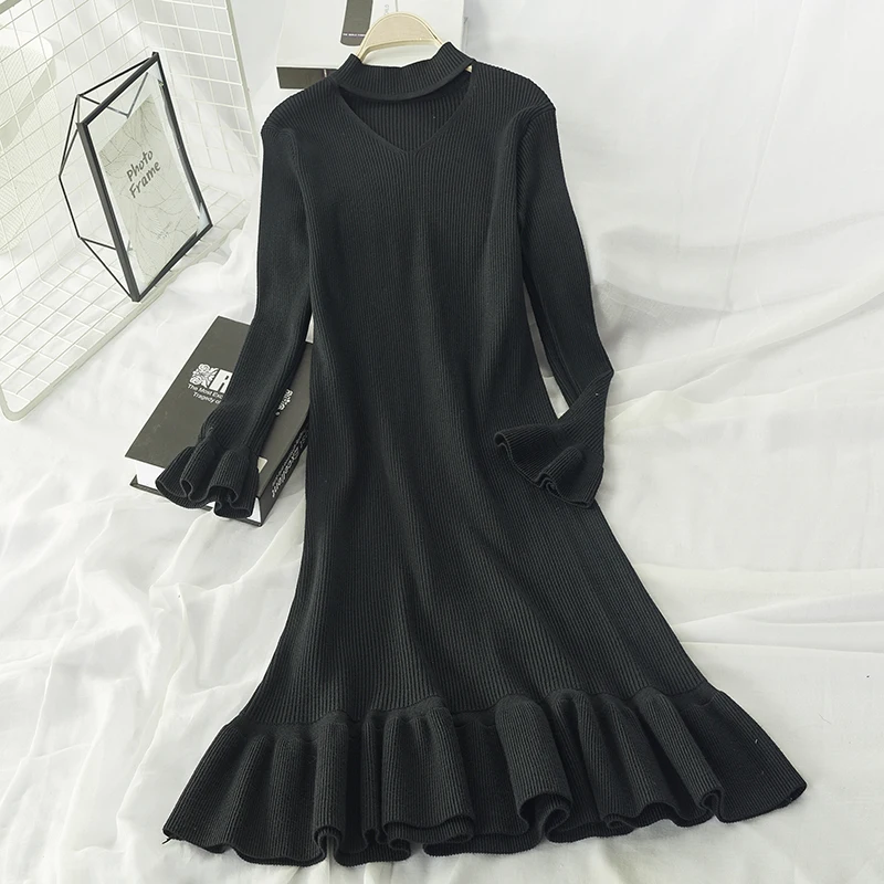 Gaganight однотонное вязаное элегантное женское платье с длинным рукавом и v-образным