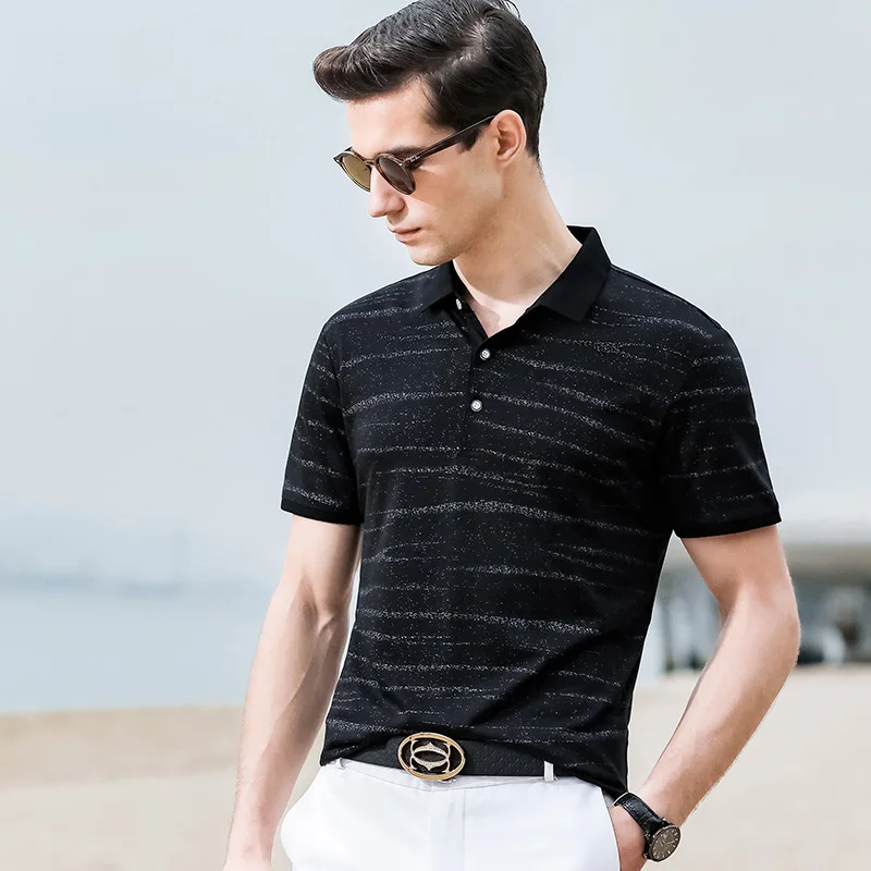 Summer men's short sleeve T-shirt casual Lapel stripe gradient polo shirt mercerized cotton loose fashion men's wear