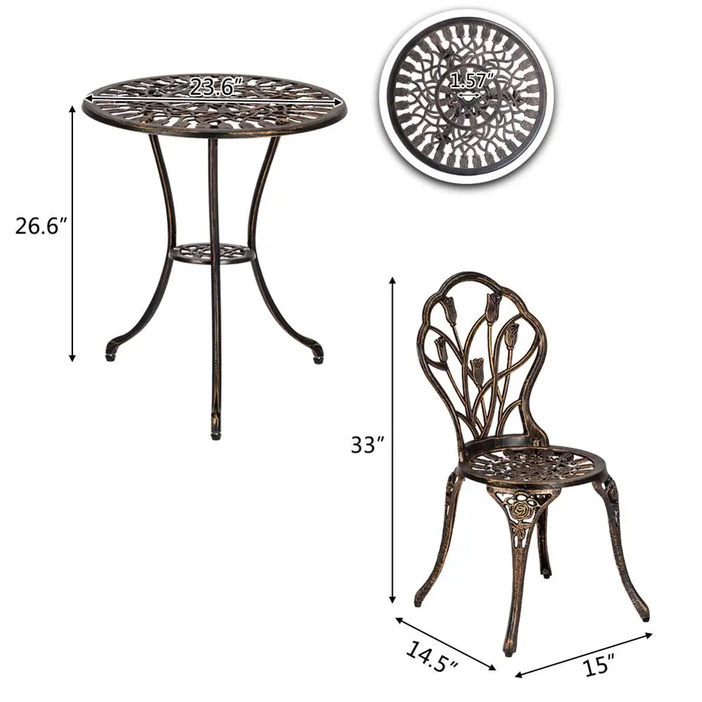 

European Style Cast Aluminum Outdoor 3 Piece Tulip Bistro Set Table Chairs