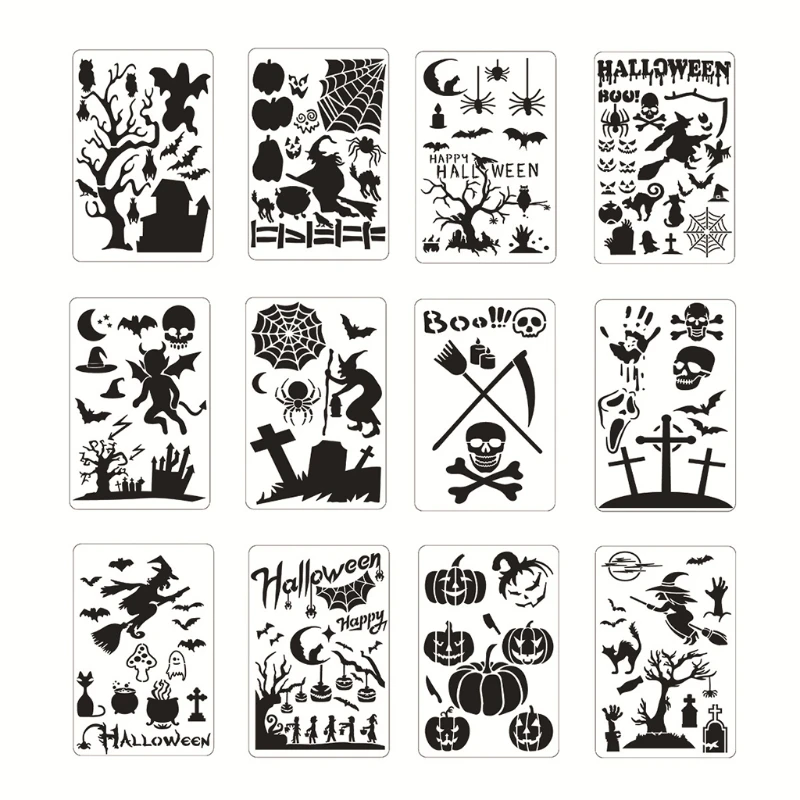 

12Pcs Halloween Drawing Template Stencils Reusable Anti-break Painting Stencils for Painting on Wood Wall Glass Canvas