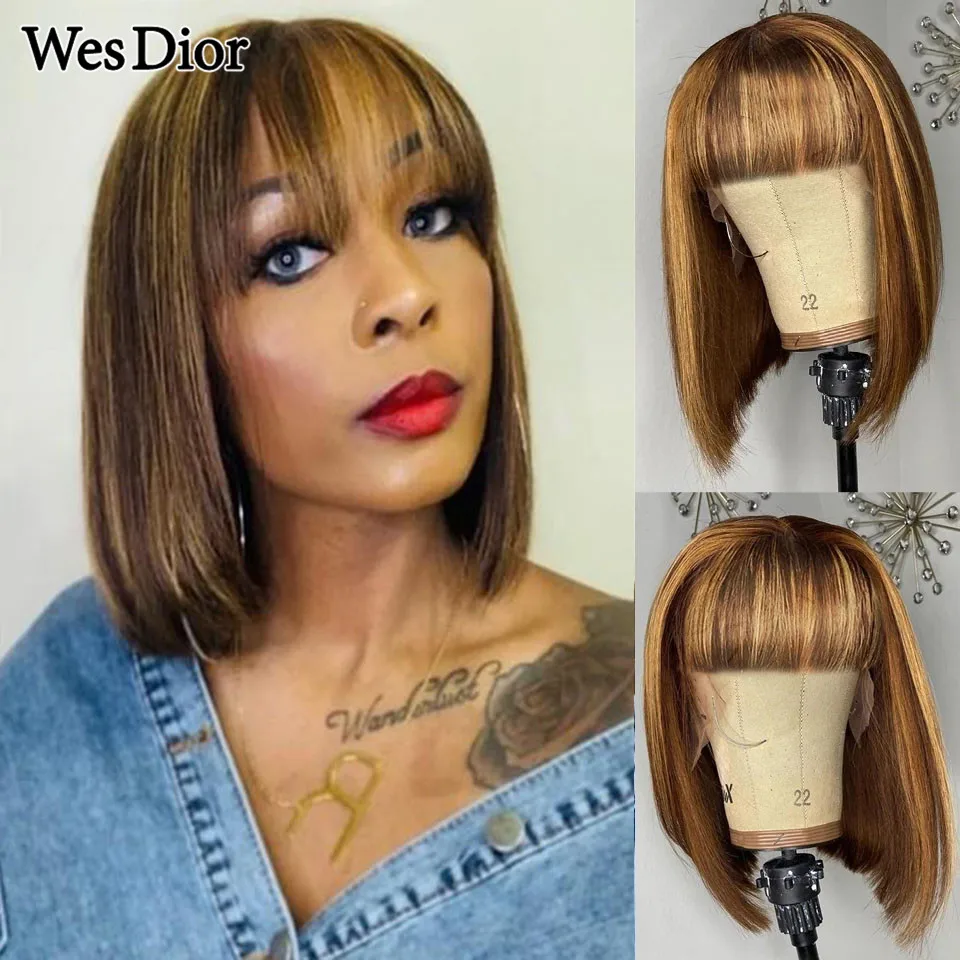 Honey Blonde Highlight Short Bob Wig With Bangs Brazilian Ombre Straight Full Machine Made Human Hair Wigs For Women Density 180