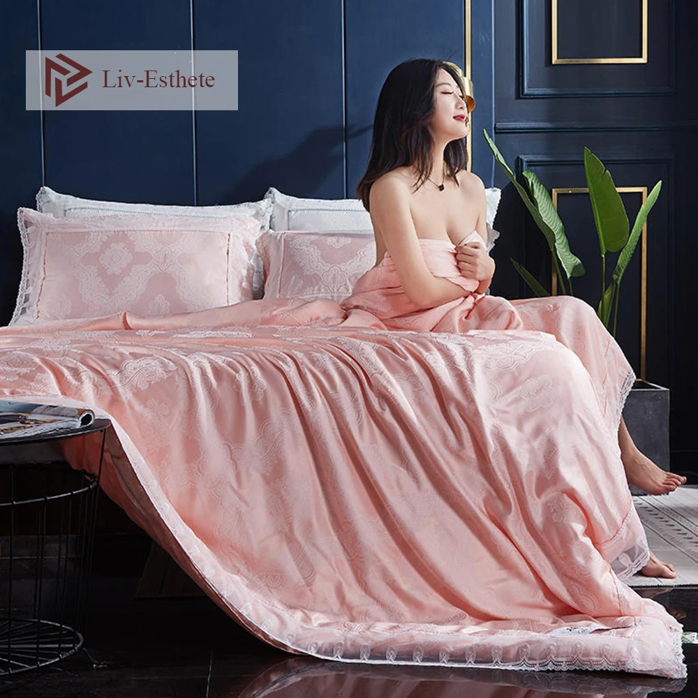 

Liv-Esthete Women Noble Pink Jade 100% Silk Quilt Lace Duvet Filling Silk Comforter Handmade 4 Season Queen King Jacquard Cover