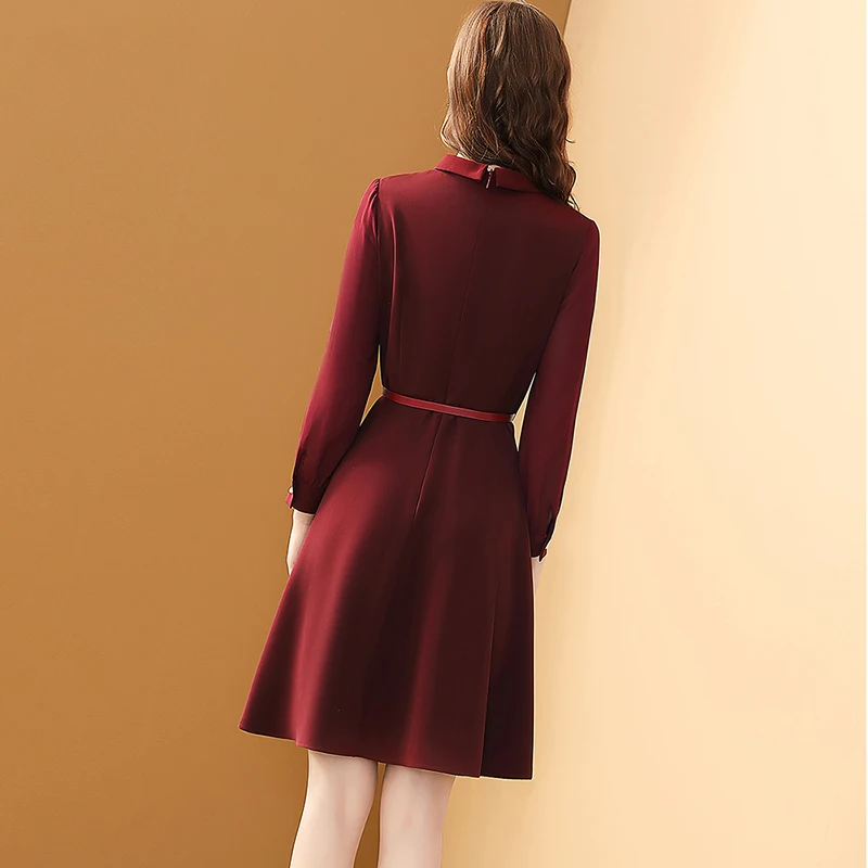 Женское вечерние жевное платье с поясом воротником-поло на осень/зиму | Женская