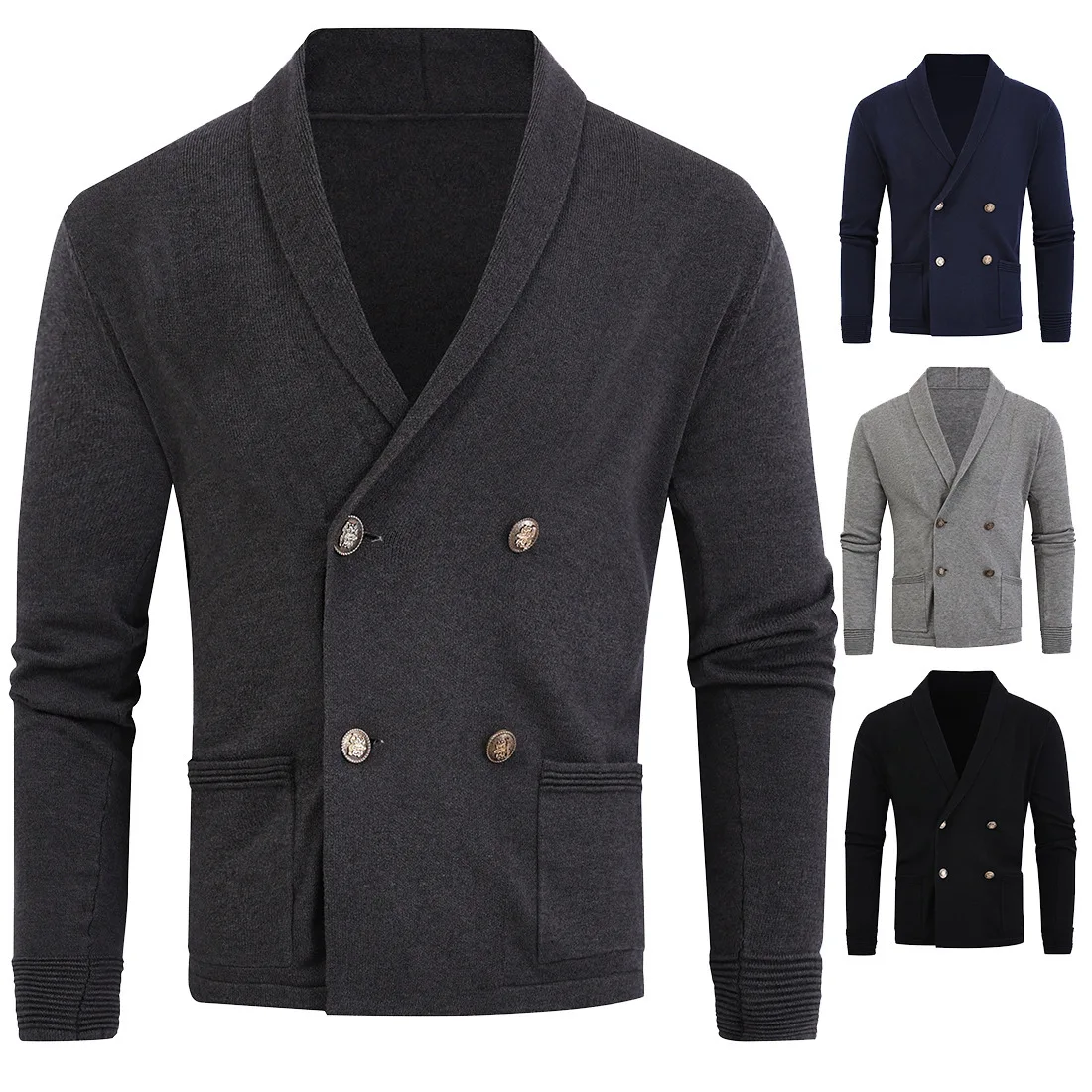 

Autumn Winter New Double Breasted Sweater Solid Color Lapel Cardigan Sweater