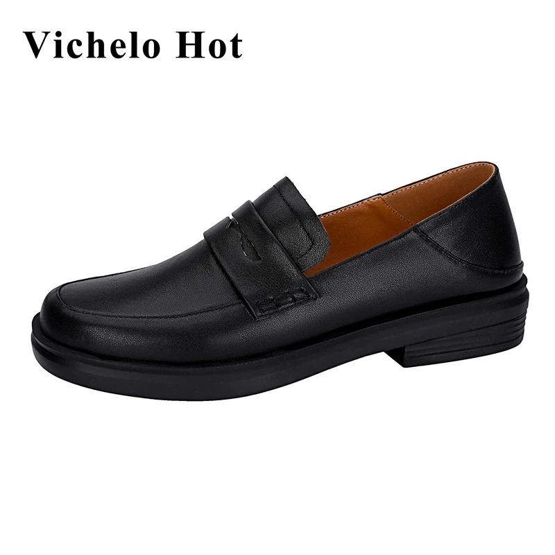 

Vichelo Hot British style genuine leather round toe med heel comfortable shoes deep mouth slip on fashion solid women pumps L1f1