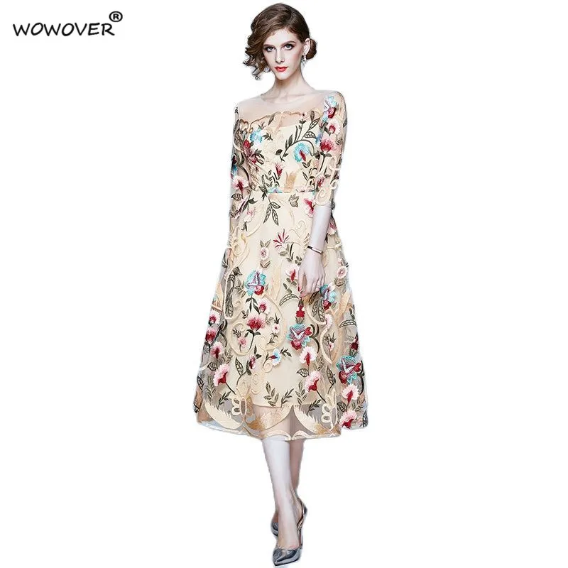 

2021 Summer Runway Fashion Luxury Floral Embroidery Mesh Dress Women High Quality Elegant Midi Vintage Wedding Party Vestidos