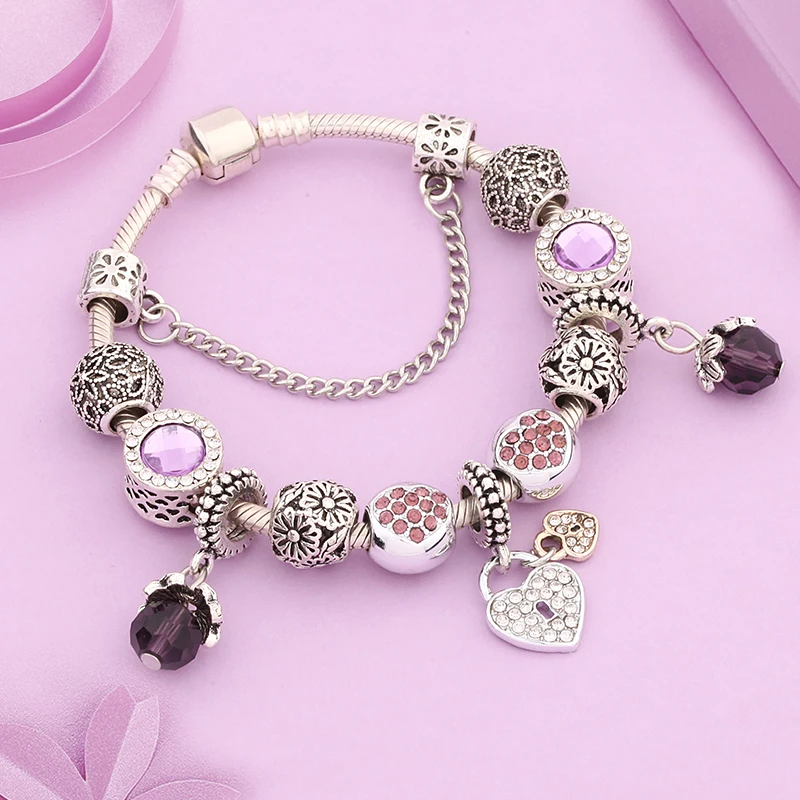 Прямая поставка популярный браслет с подвесками в виде фиолетового сердца и