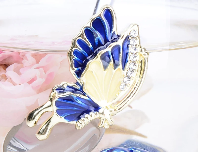 Creative Blue Rose Enamel Crystal Tea Cup Coffee Mug Butterfly Rose Painted Flower Water Cups Clear Glass with Spoon Set images - 6