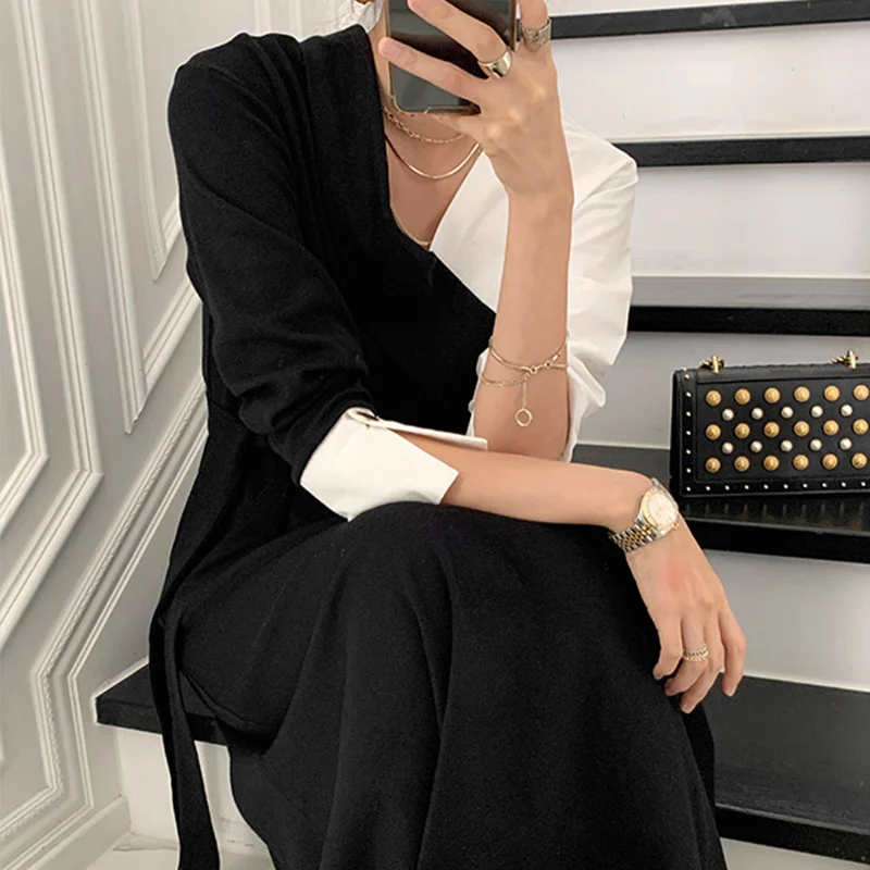 

2021 new temperament V-neck stitching contrast dress