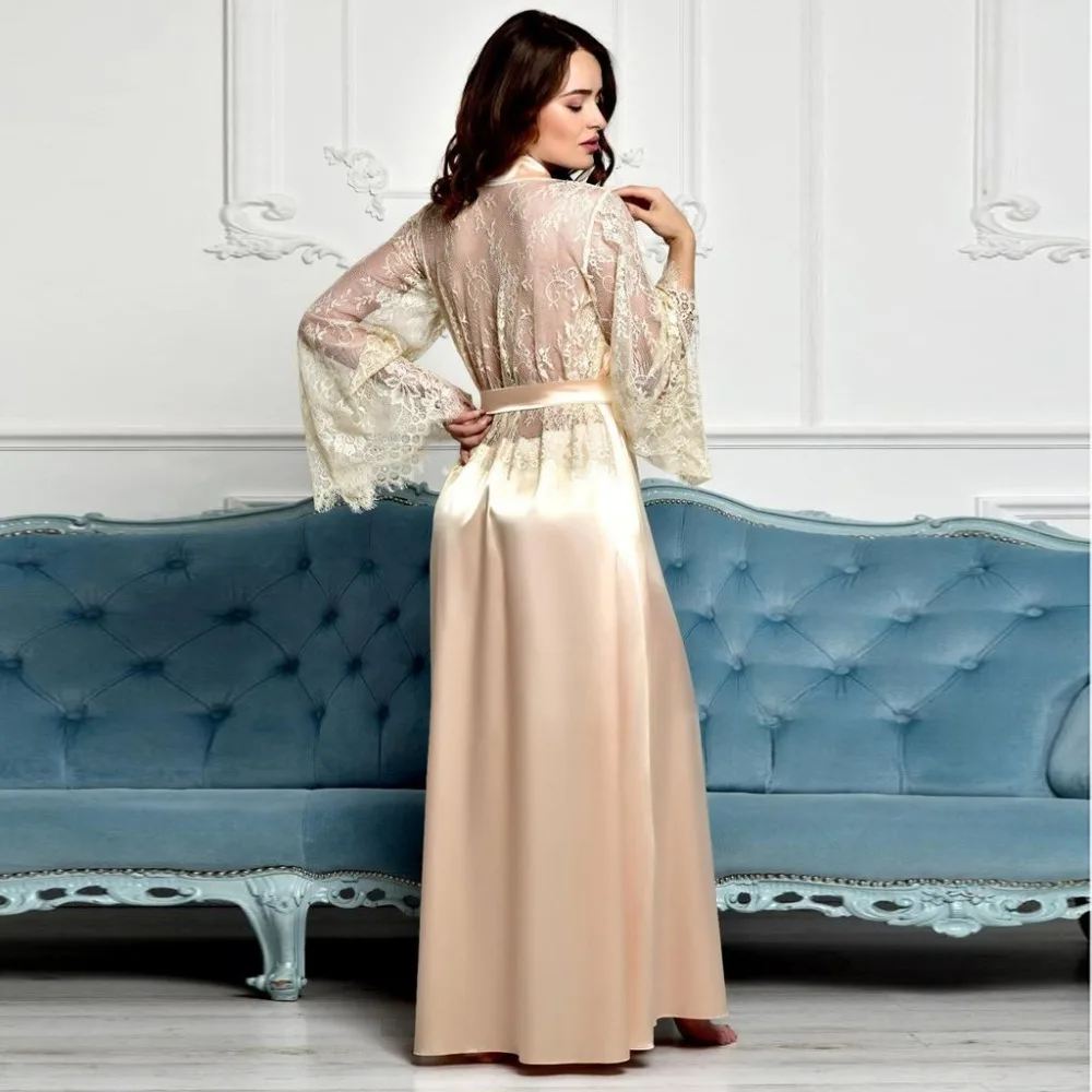 Сексуальные кружевные женские халаты, пижамы peignoir femme шелковые, атласные, с кружевами нижнее белье пижамы кимоно длинный халат подружки невесты Gow халат атласный