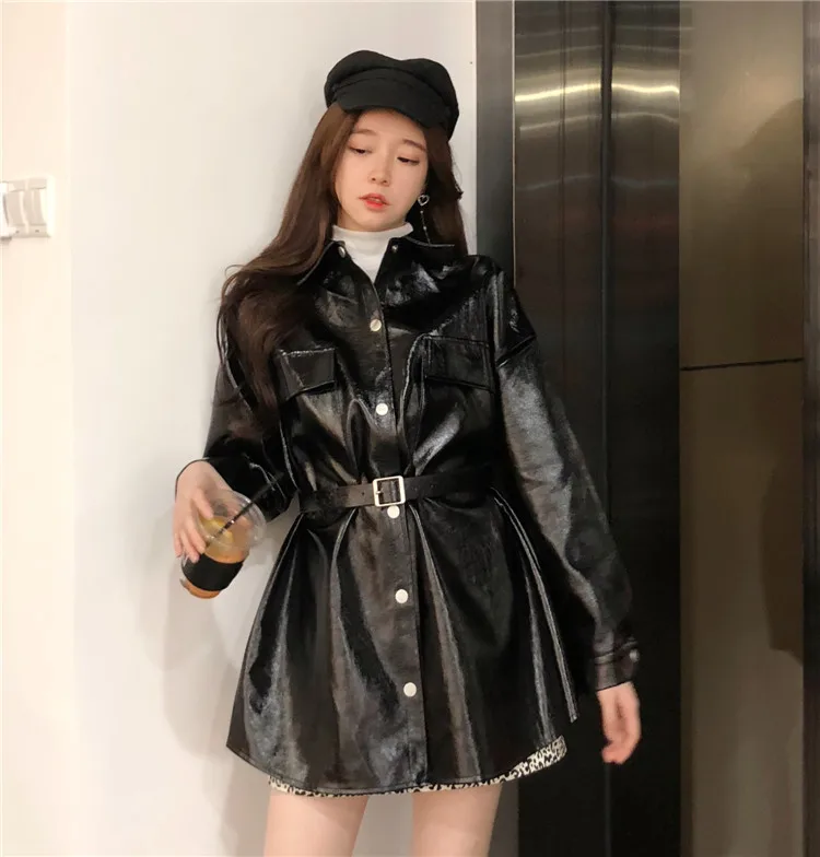 Пальто из искусственной кожи женские модные тонкие Куртки женский элегантный