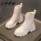 Зимние ботинки Pofulove, женская обувь, черные, белые меховые ботинки, кожаные ботильоны, модная Осенняя обувь на платформе, массивные ботинки, Bota