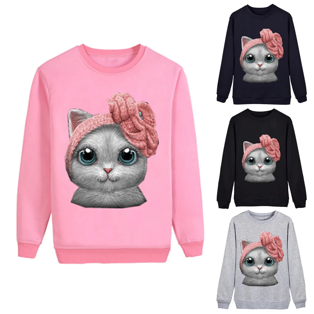 Женские свободные свитера с мультяшным котом Милые свитшоты длинными рукавами