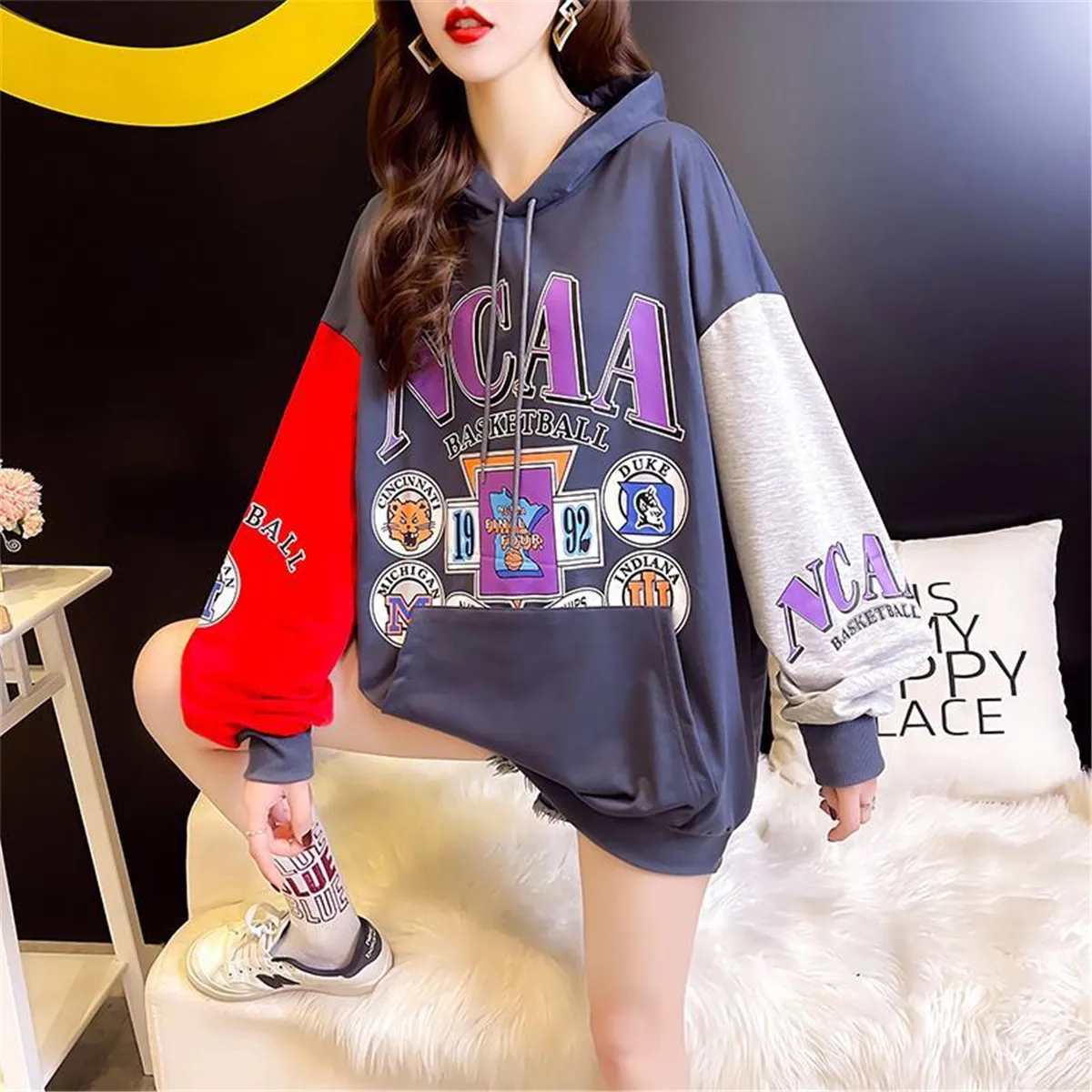 

Хлопковая винтажная Толстовка в стиле пэчворк, уличная одежда, Женская Толстовка в стиле хип-хоп, весенне-осенние Топы, забавная Готическая ...