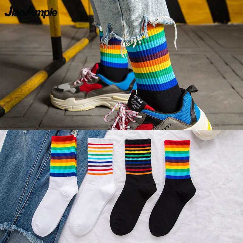 

2 Pairs Korean Fashion Rainbow High Tube Socks Women Men Trendy Joker Cotton Breathable Comfortable Sock Student Black Stocking