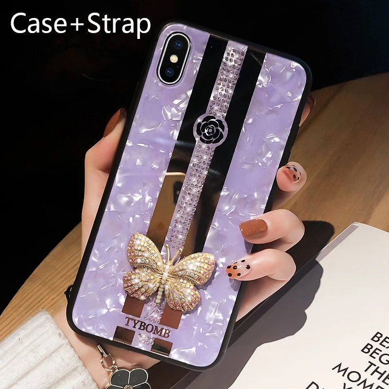 Case Strap A1 Роскошный креативный зеркальный Модный 3D инкрустированный чехол для телефона с бабочкой для iPhone X XR XS MAX 11 Pro Max чехол для iPhone 7 8 6 Plus чехол - Цвет: Case Strap A1
