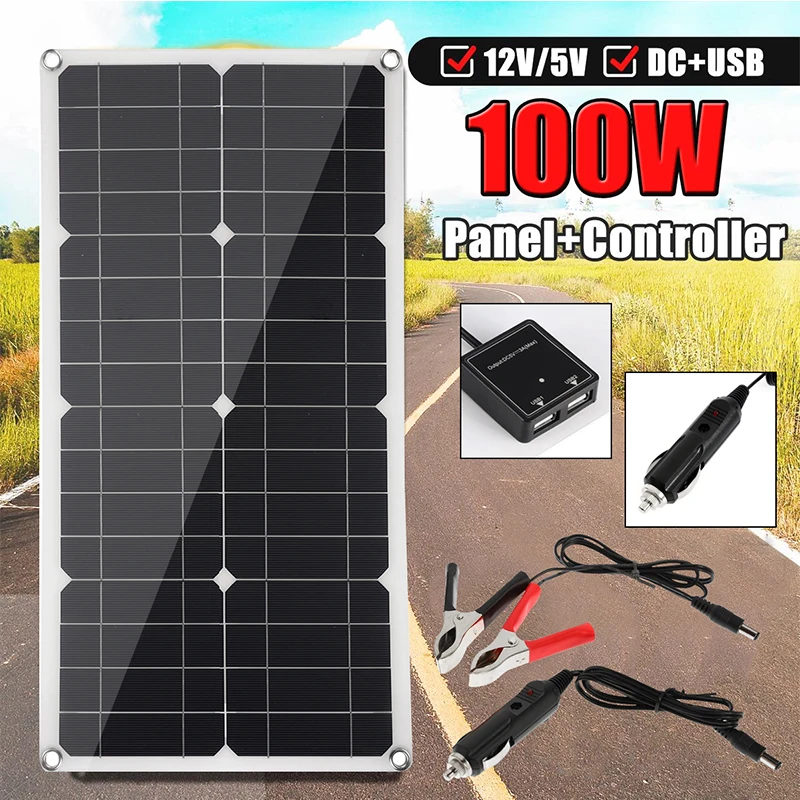 

18V 100W Portable Solar Panel Dual Output Interface Waterproof Solar Board DIY Solar Charger Power for Outdoor RV Car Boat