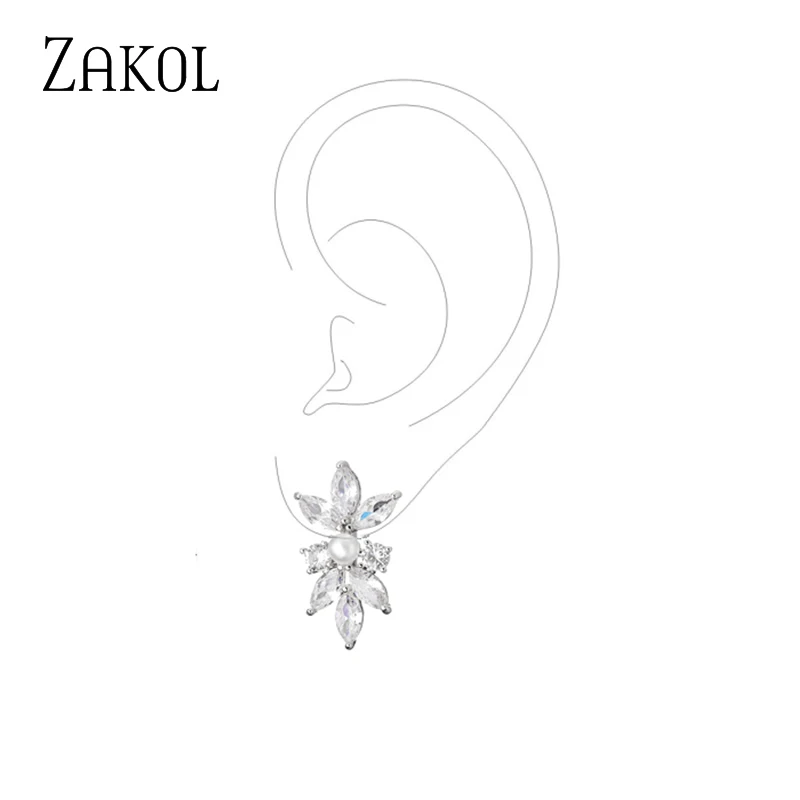 ZAKOL Fashion Simple Copper Alloy AAA Cubic Zirconia Stud Earrings for Women Cute Pearl Leaf CZ Wedding Earring Jewelry EP3156 | Украшения