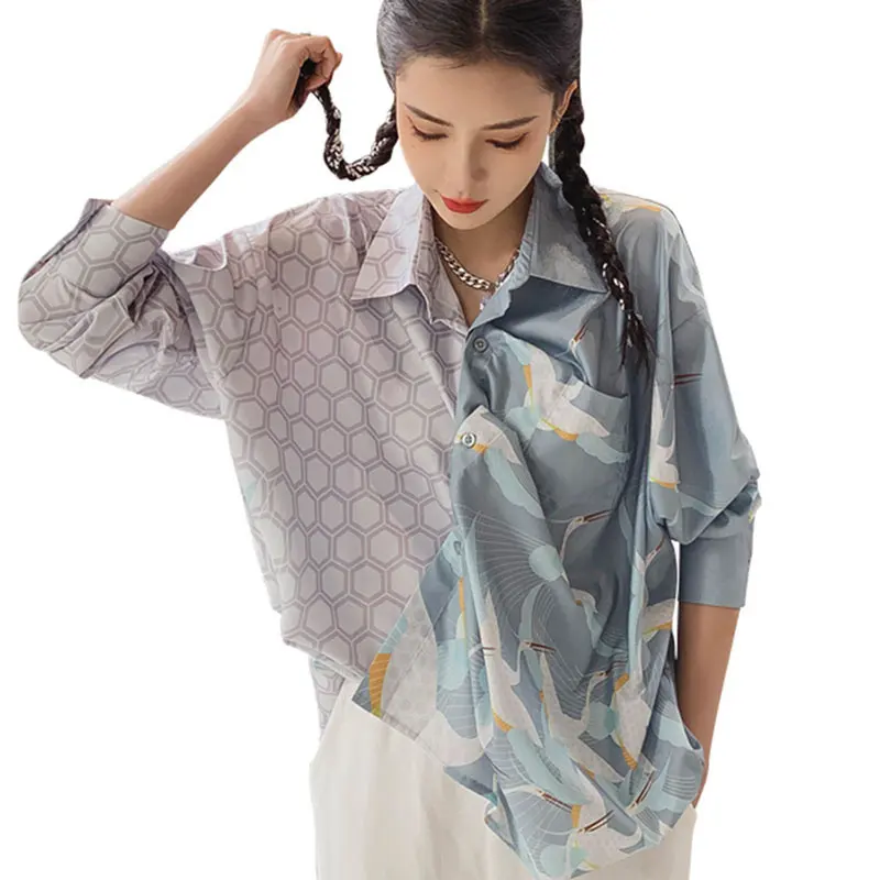 

XITAO Patchwork Cartoon Print Shirt Women Clothes 2021 Spring New Fashion Turn Down Collar Full Sleeve Casual Match All ZY5870