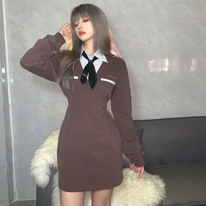 Платье XUXI с воротником-поло имитация двух платьев длинным рукавом Женская