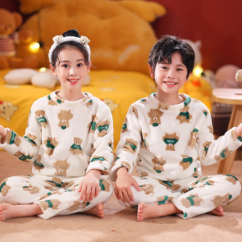 Pijamas de franela de manga larga para ni&ntilde;os y adolescentes, ropa de dormir para el hogar, de invierno-2