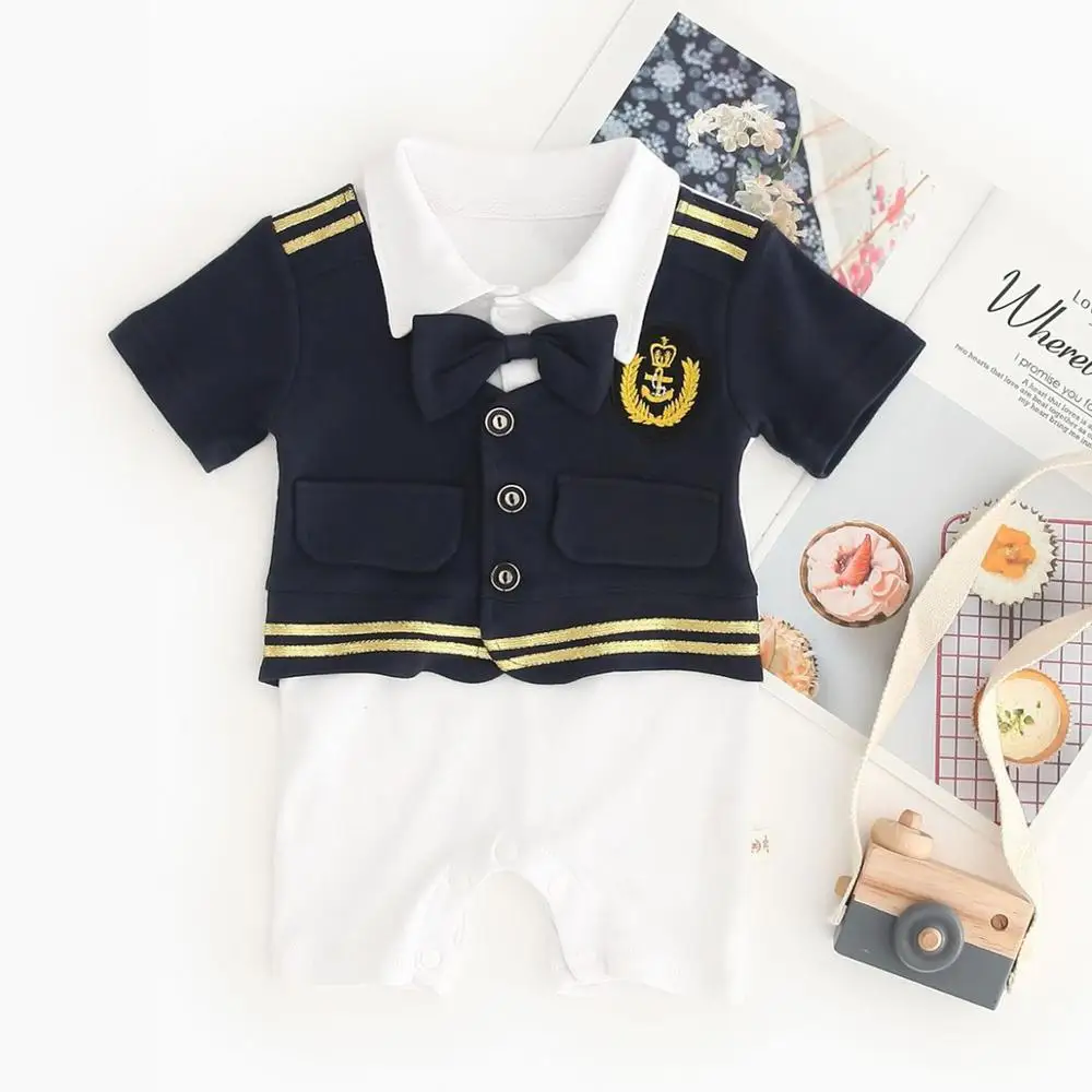 

Infant Baby Naval Academy Romper Sailor Marine Navy Shortalls Short Sleeve Relaxed Holiday Outfit Boys' Captain Costume Jumpsuit