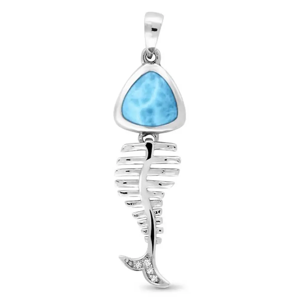 

High Quality 925 Sterling Silver Natural Larimar Sea Fish Dangle Pendant Necklace For Women Gift