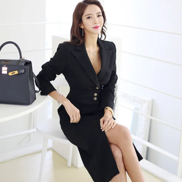Деловое 2020 облегающее женское платье Осеннее Формальное черное однобортное для