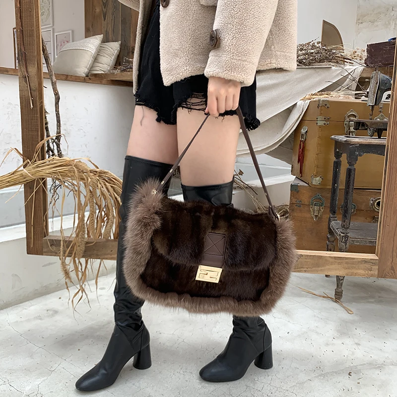 Новые женские сумки зимние из натурального меха лисы цепи сумка через плечо