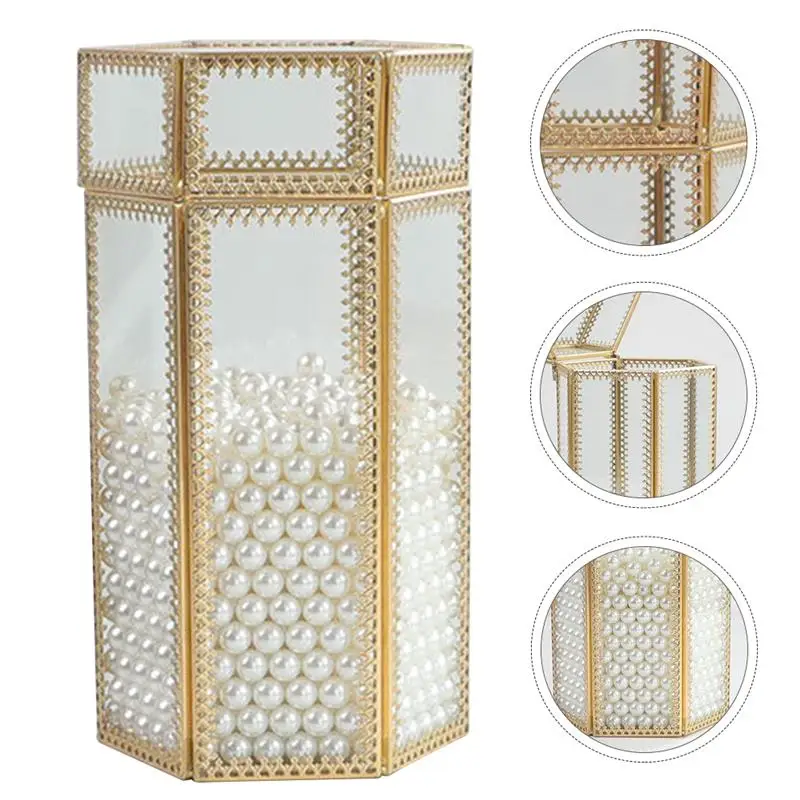 

1PC Pearl Cosmetic Brush Storage Box Transparent Glass Makeup Brush Bucket for Home Room Dorm Store