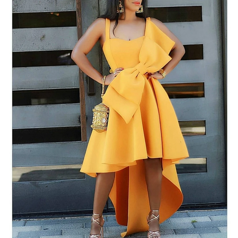 

STYLISH LADY Big Bow Ruffle Hi Low Dress 2020 Summer Women Spaghetti Strap Yellow Front Short Back Long Big Swing Party Dress