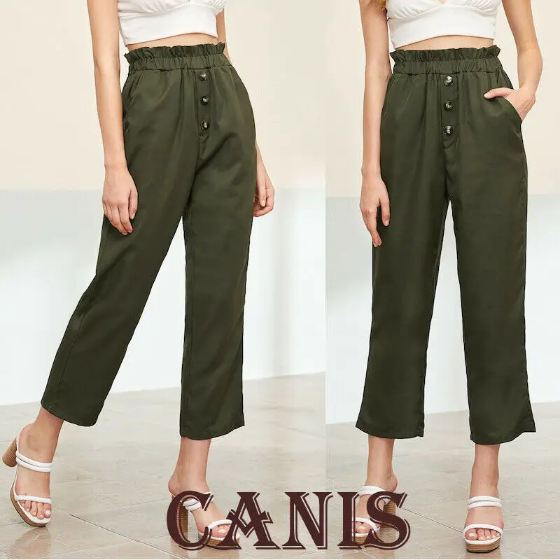 

Goocheer Treny Women Summer High Waist Frill Waist Button Front Straight Leg Crop Pants
