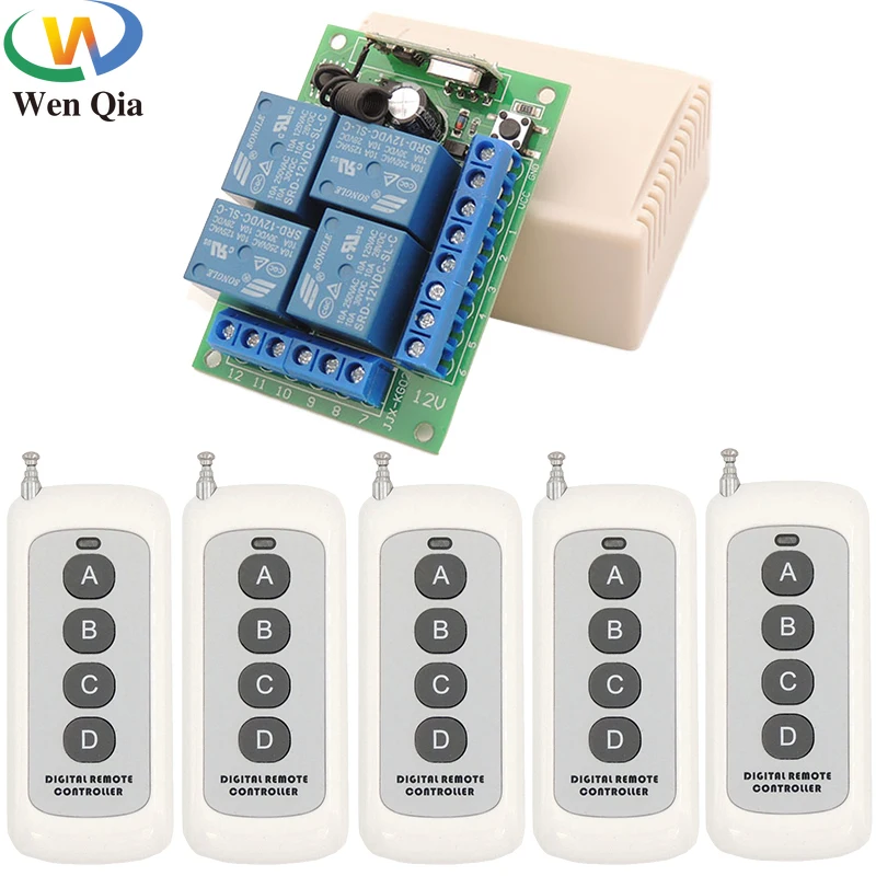 

WenQia 433MHz Wireless Remote Control Smart Switch DC12V 10A 4CH Relay Receiver Modul RF Transmitters For Lamp Fan Led Light DIY