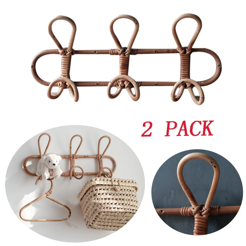 

2 Pack Handmade Rattan Hanger Wall Hooks Clothes Hat Retro Rustic Wall Hanging Hanger Household Hook Tools 3 Hooks