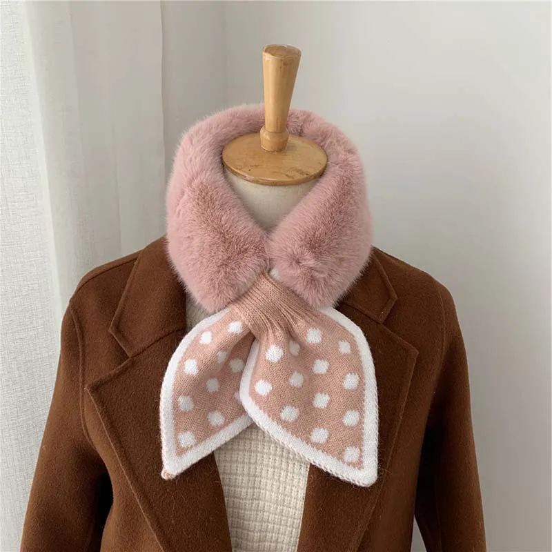 

Winter Dot Printed Knitted Choker Scarf Female Faux Rabbit Fur Neck Collar Scarves Cross Small Neckerchief Soft Plush Scarf
