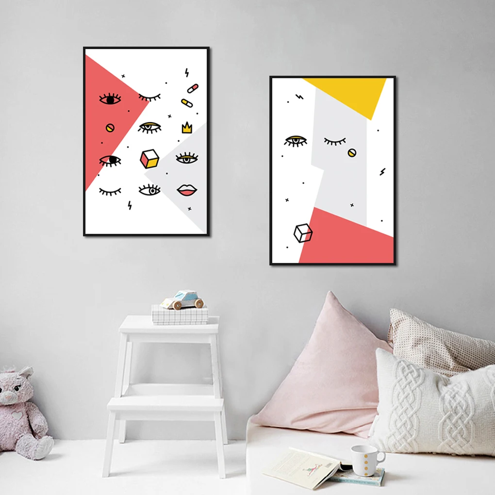 

Simple Abstract Geometric Pattern Living Room Decoration Canvas Painting Eyes Crown Capsule Pink Yellow White Posters