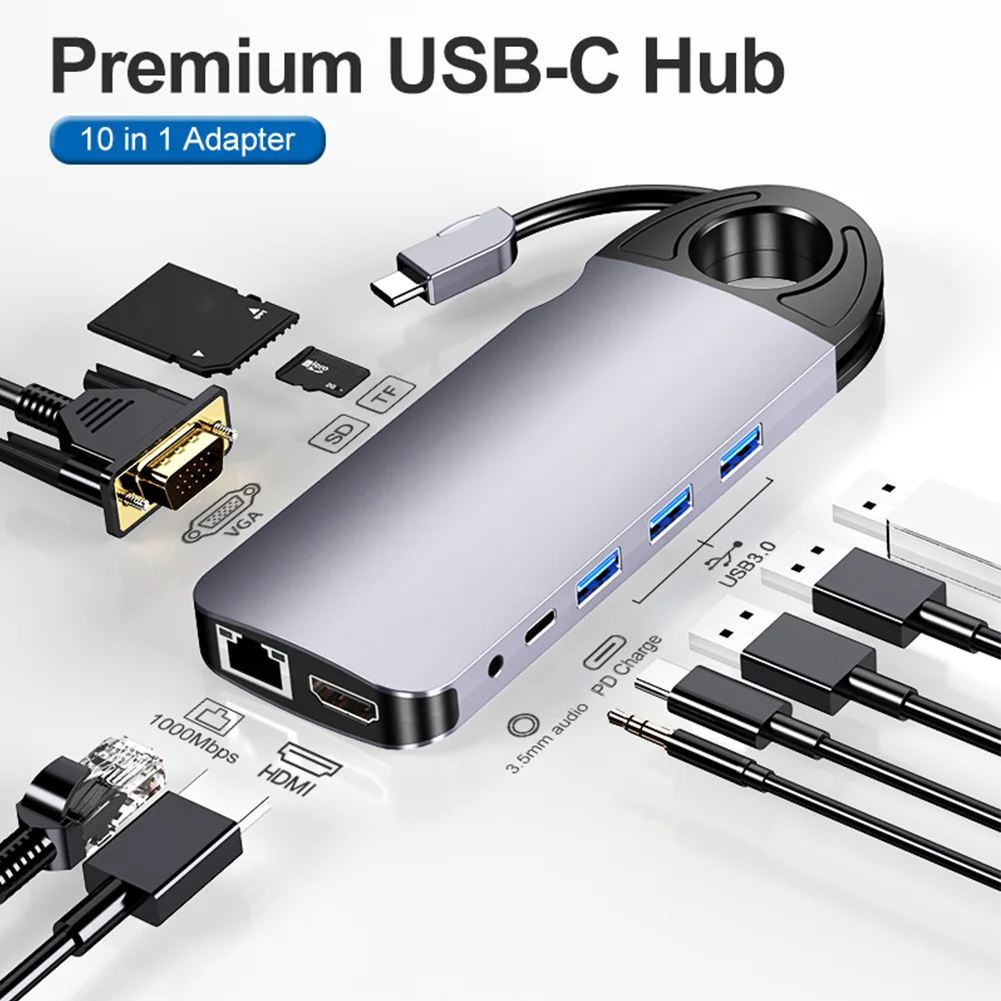 

10 In 1 High Speed Card Reader PD Charging For PC Laptop USB C Hub Ethernet Audio Mic Jack VGA Dock Station 4K 3.0 Ports