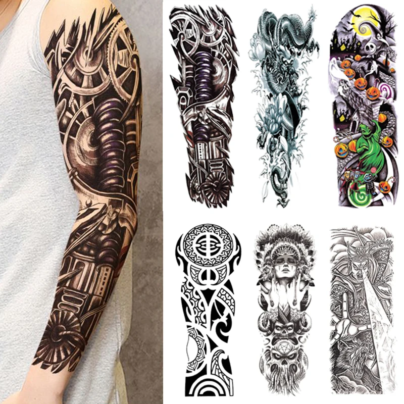 

Large Full Arm Tattoo for Men Temporary Sticker Set Waterproof Satan Dragon Skeleton Hand Flower Hells Angels Mechanics Tatoo