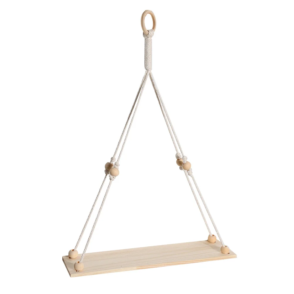 

Macrame Shelves for Bedroom Wood Swing Hanging Rope Wall Mounted Shelves Plant Flower Pot Tray with Wooden Beads Storage Rack