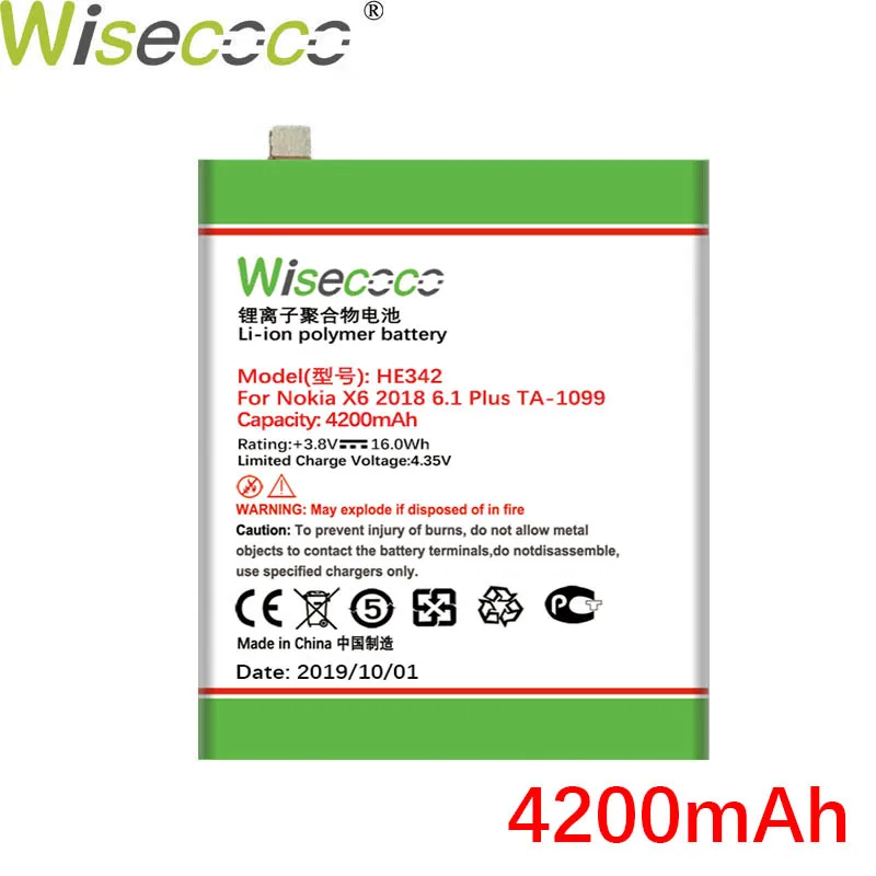 WISECOCO 4200 мАч HE342 батарея для Nokia X6 6,1 Plus TA-1099 мобильный телефон последняя продукция батарея с номером отслеживания