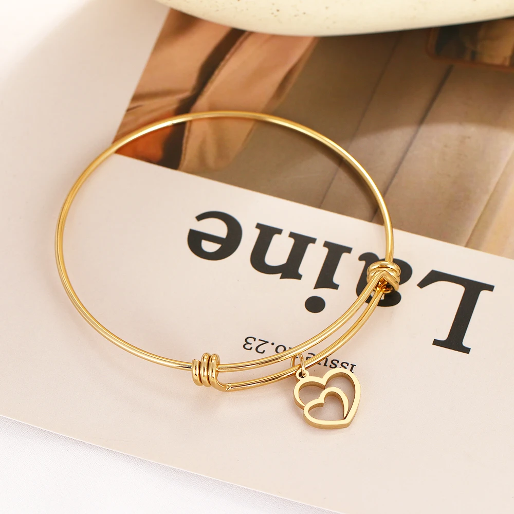 CACANA 316L регулируемый браслет из нержавеющей стали золотые полые двойные сердца